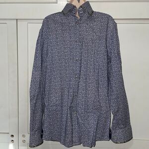 Johnny D Button-up large white navy Shirt flip cuff‎ Floral Pattern Long Sleeve